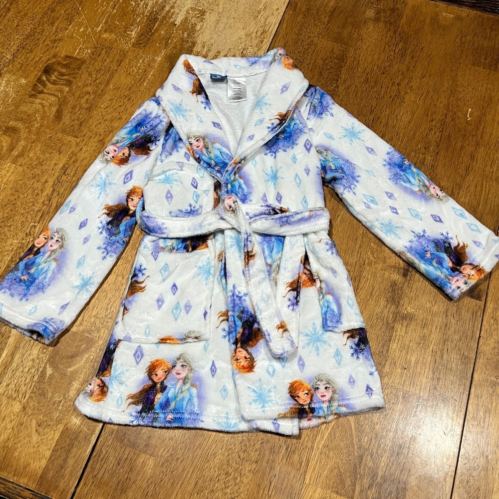 Frozen II Elsa & Anna Soft Plush Girls Robe Size 6 / 6X White Blue Disney